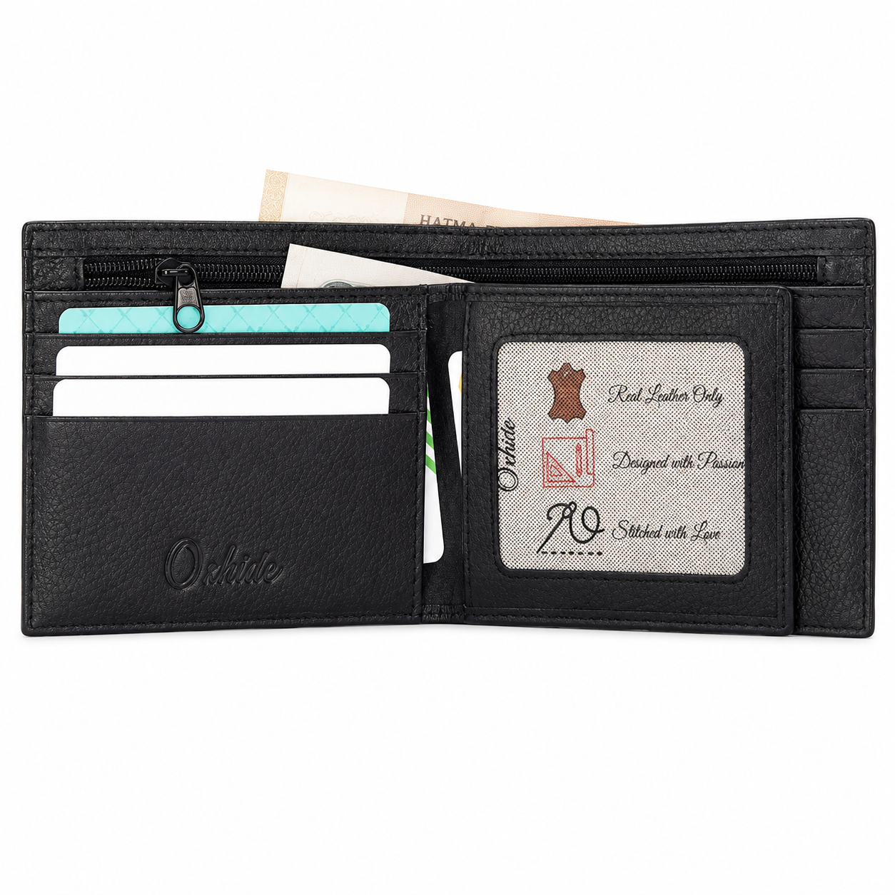 Mens Wallet in Real Leather - Bifold Wallet - Full Grain Leather Wallet - Wallet with zip - Black Color - J0002 Oxhide