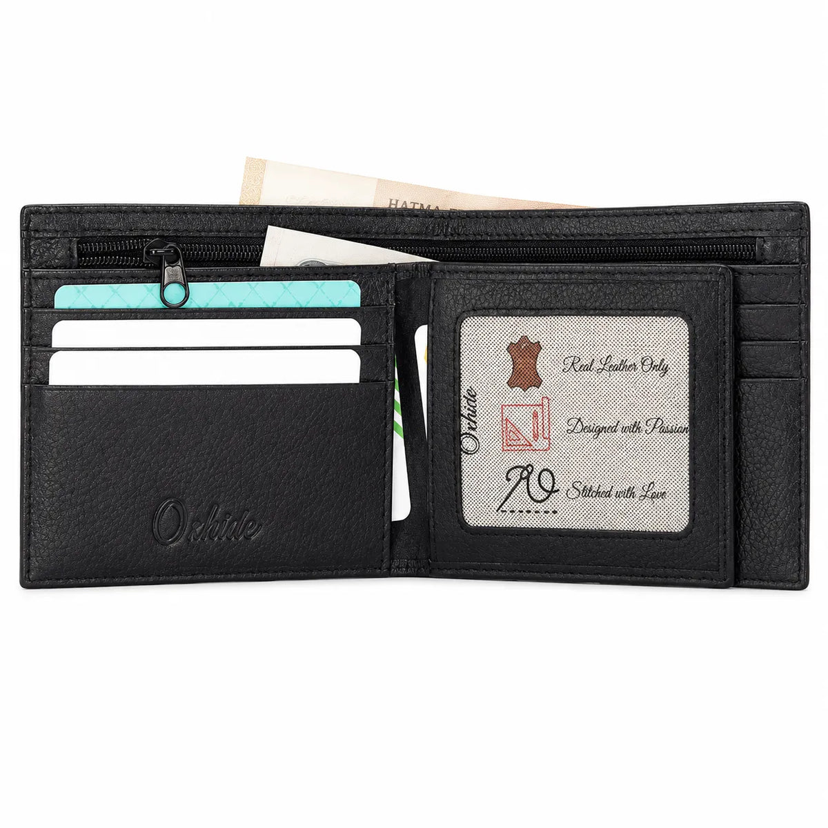Mens Wallet in Real Leather - Bifold Wallet - Full Grain Leather Wallet - Wallet with zip - Black Color - J0002 Oxhide