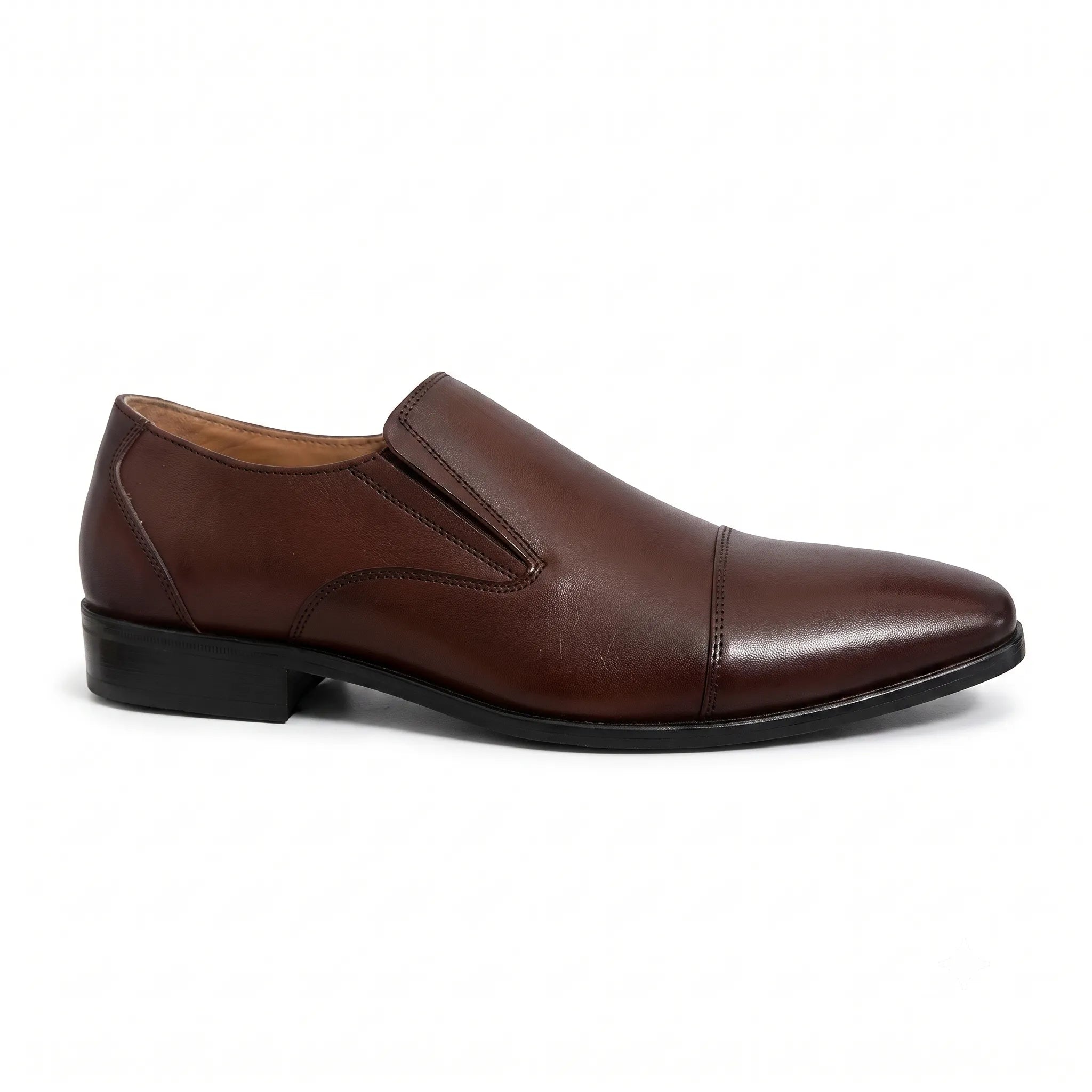 Brown Leather Cap-Toe Formal Slip-On Shoes -BOM-11635-TAN