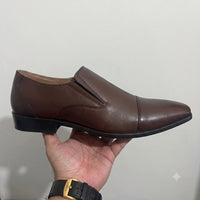 Brown Leather Cap-Toe Formal Slip-On Shoes -BOM-11635-TAN