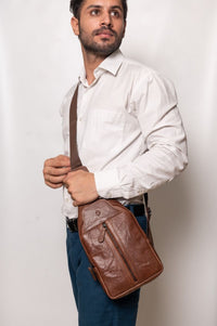 Oxhide Leather Men's Chest Bag - Travel Bag - Bikers Bag - Lightweight Anti-Theft Bag - Oxhide 10026 Brown