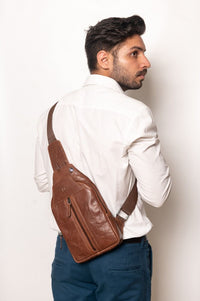 Oxhide Leather Men's Chest Bag - Travel Bag - Bikers Bag - Lightweight Anti-Theft Bag - Oxhide 10026 Brown