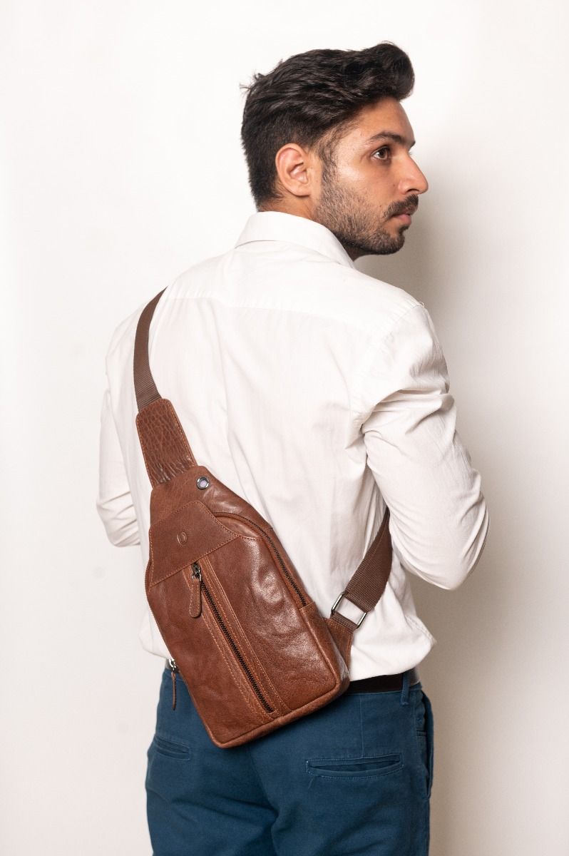 Oxhide Leather Men's Chest Bag - Travel Bag - Bikers Bag - Lightweight Anti-Theft Bag - Oxhide 10026 Brown