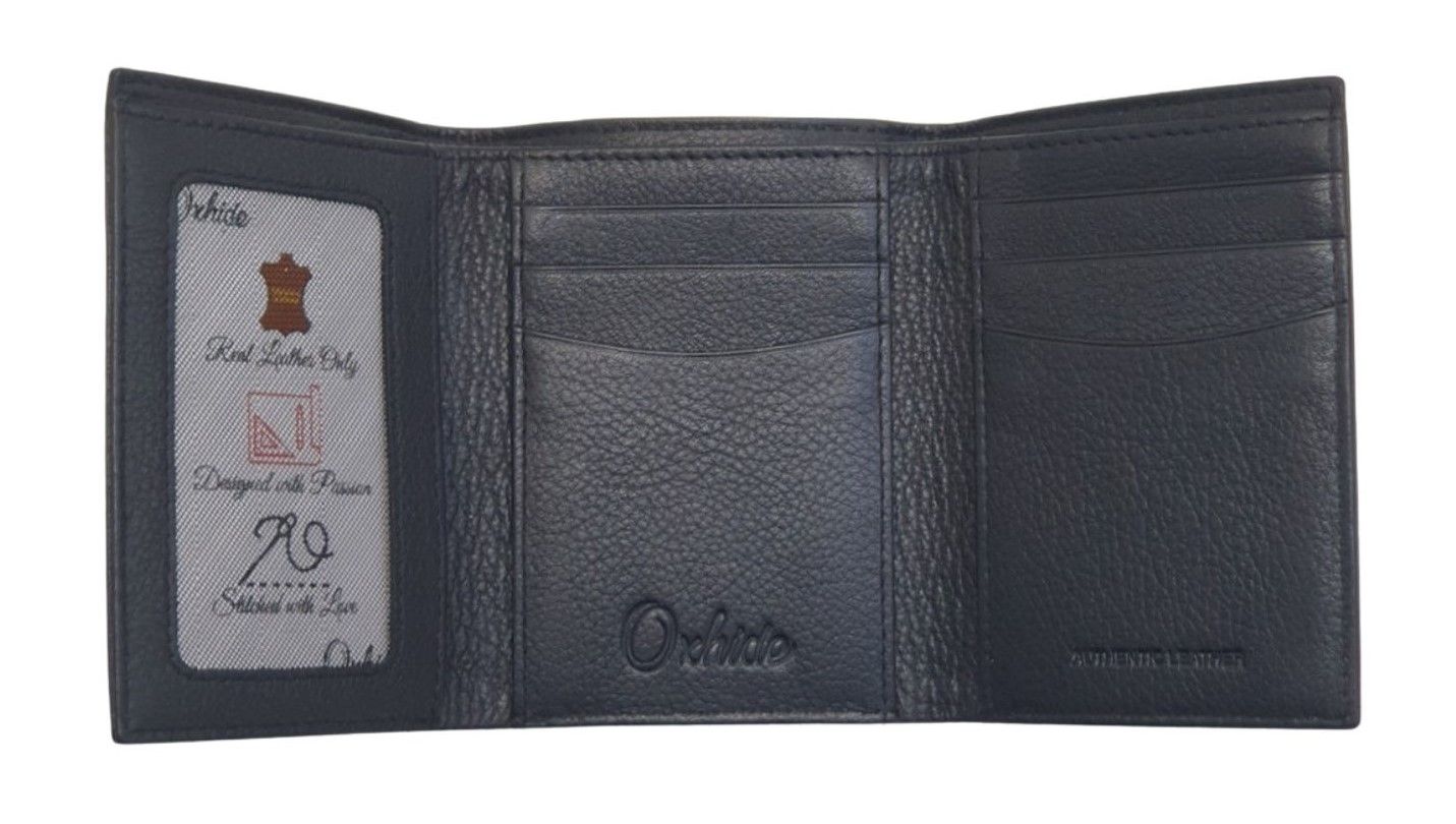 Trifold Wallet Men - Genuine Leather Wallet - Black Wallet - Compact Wallet - J0008 Oxhide