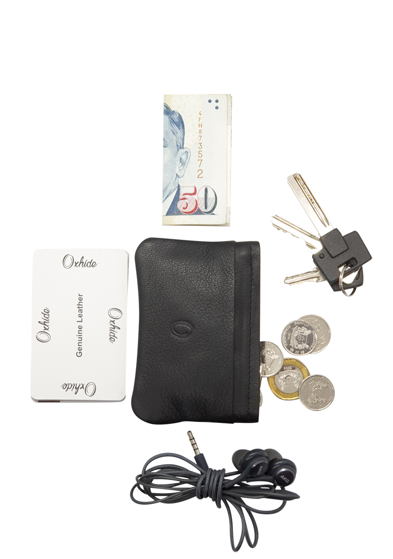 Leather Key Pouch - Leather Coin Pouch - Leather Coin Case - Leather Pouch - Card Sleeve - Multipurpose Pouch - Oxhide 4427 BLACK