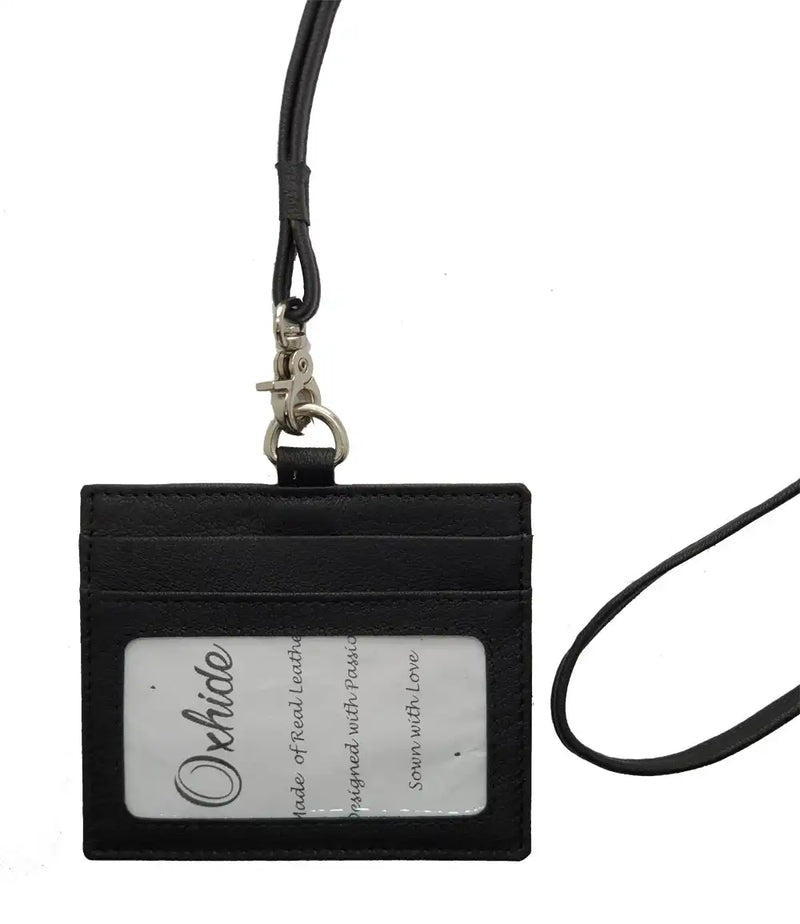 Black leather ID card holder lanyard no zip 4164LS – Oxhide