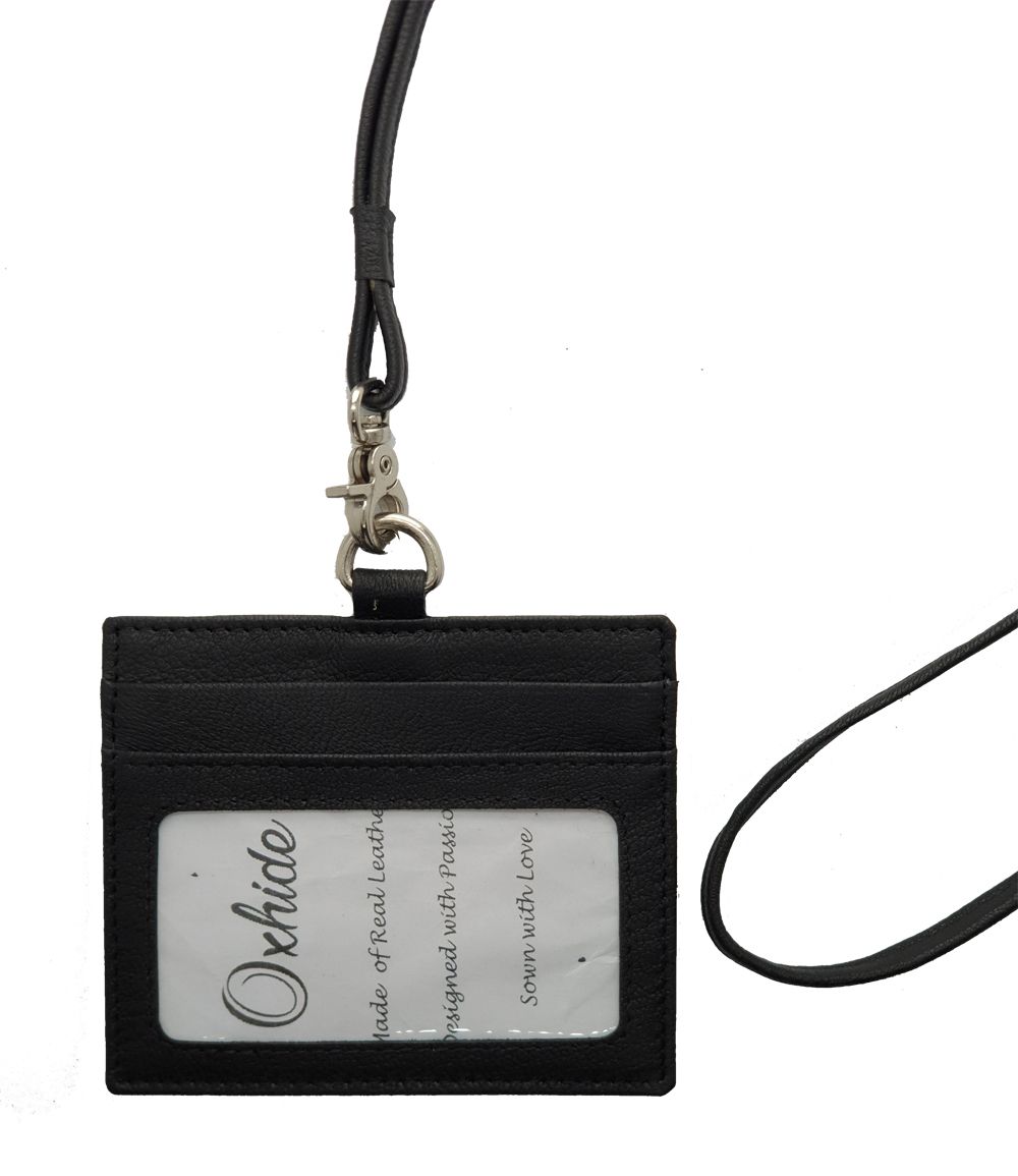 Oxhide Leather Lanyard / ID card holder Lanyard /Wallet/Leather -4164LS - BLACK
