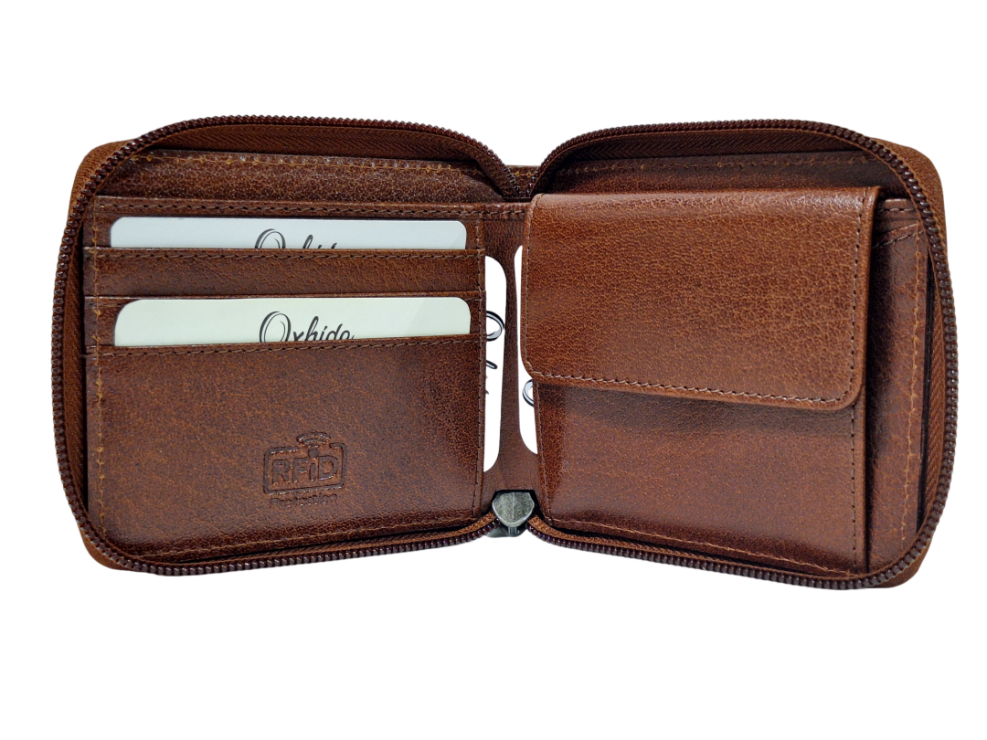 Wallet Men Brown -Zip around Wallet -RFID - Full Grain Leather Wallet - brown Wallet - SD06 Oxhide