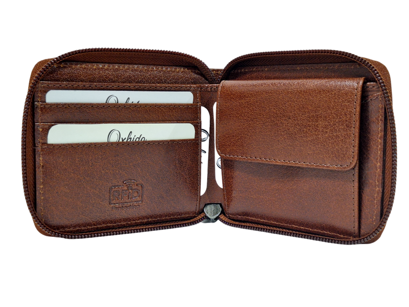 Wallet Men Brown -Zip around Wallet -RFID - Full Grain Leather Wallet - brown Wallet - SD06 Oxhide