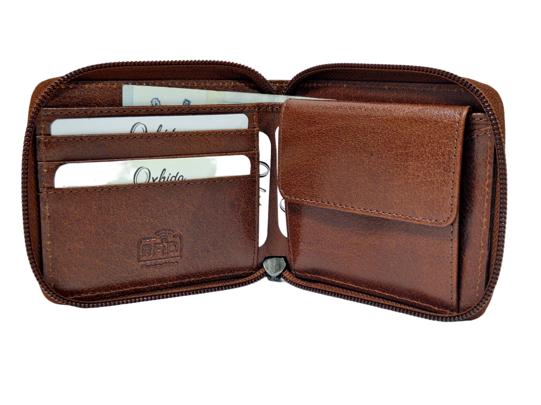 Wallet Men Brown -Zip around Wallet -RFID - Full Grain Leather Wallet - brown Wallet - SD06 Oxhide